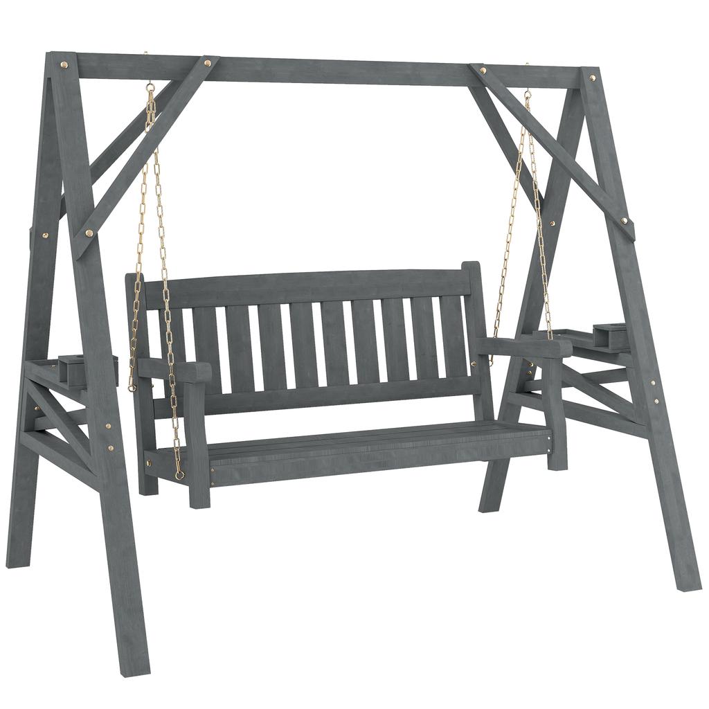 2-Seater Garden Swing, Wooden Swing Bench with Trays, Cup Holders and Metal Chains, Grey