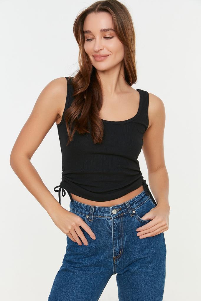 Women's Fashion New Athlete Black-White 2-Pack Drawstring Detailed Pool Neck Ribbed Flexible Knitted Athlete