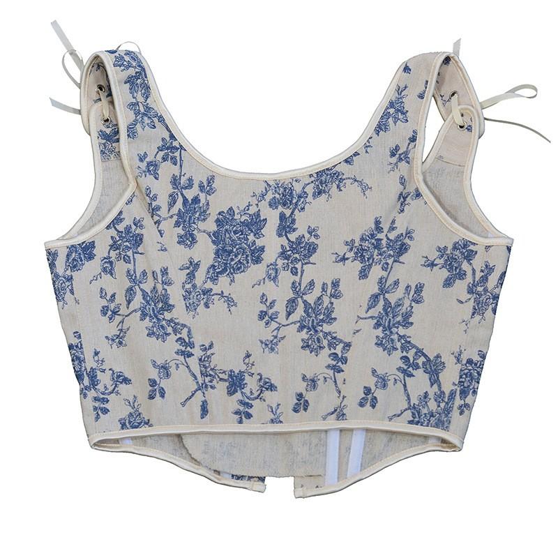 Women's French Strap Corset Retro Orchid Printed Lace Vest Top