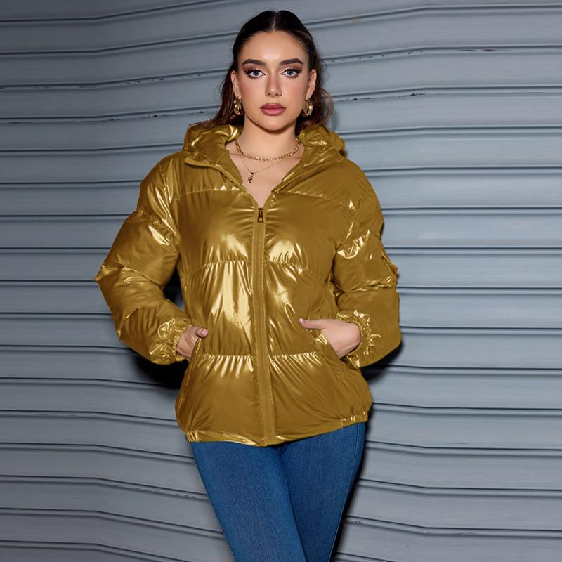 Зимняя модная блестящая куртка-пуховик с капюшоном для женщин с длинным рукавом, однотонная, облегающая, теплая, хлопковая куртка-парка