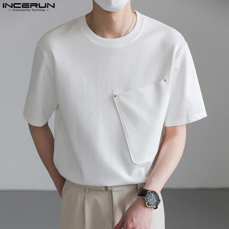 INCERUN Мужская дизайнерская простая однотонная футболка с короткими рукавами и большим карманом