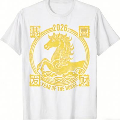 Винтажная лошадь 2026 С Новым годом Футболка Китайский год Лошади Футболка Женская Праздничная рубашка Модная хлопковая футболка