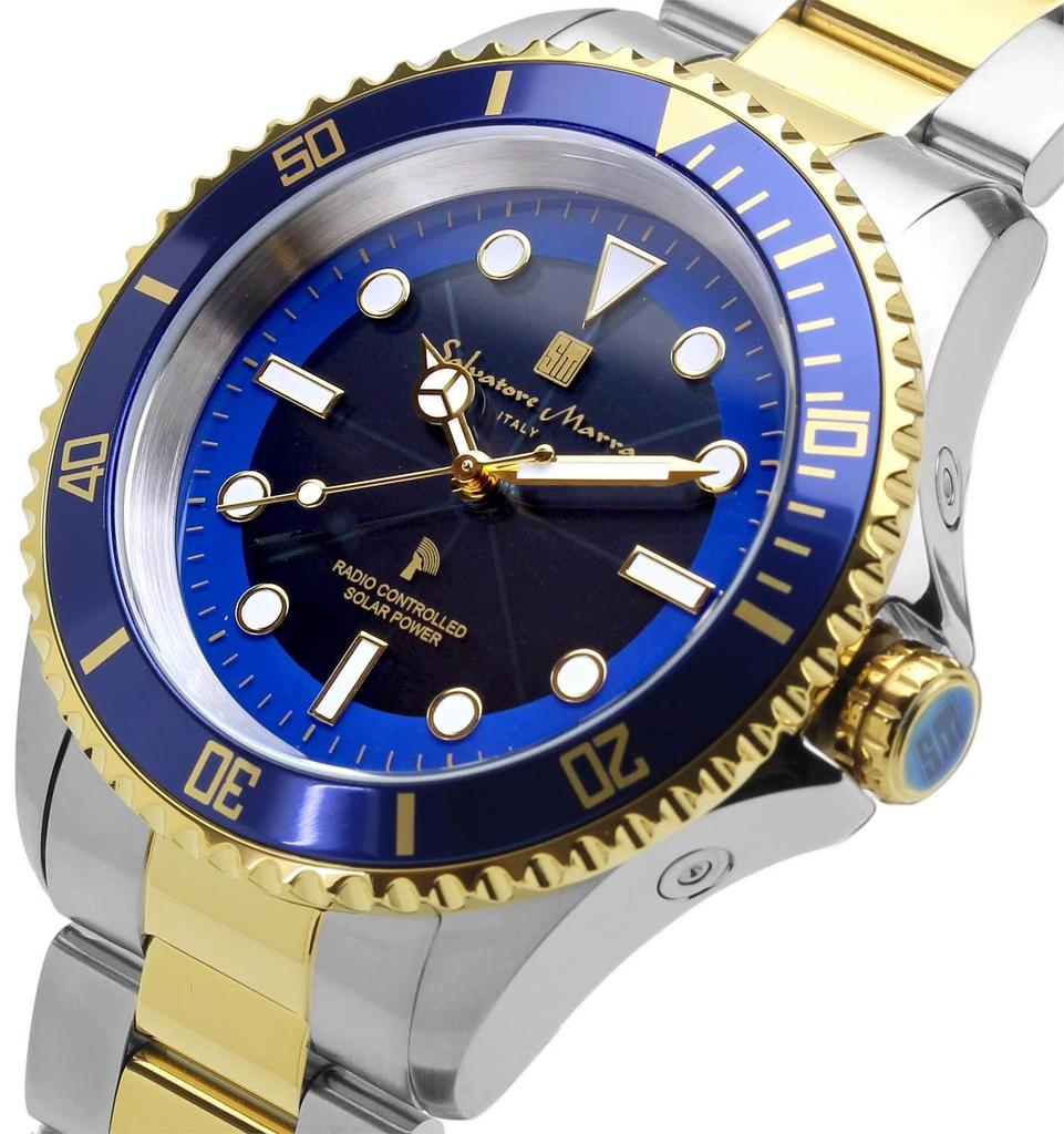 Salvatore Marra Солнечные Однонаправленно Вращающиеся Водонепроницаемые до 10 Итальянский Синий и Мужские Часы, Радиоуправляемые Питанием, Безель, АТМ, Бренд, Золото,