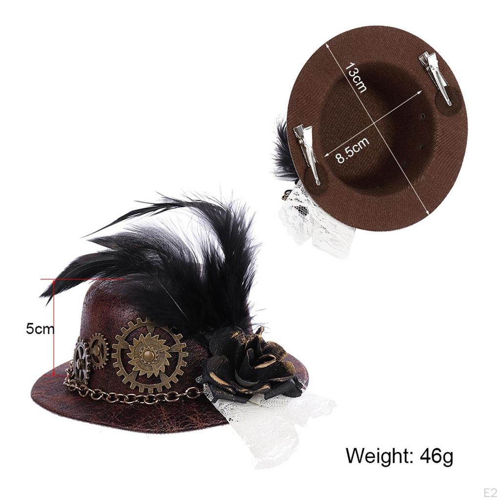 Punk Gothic Mini Top Hat with Gear Feather Hair Clip, Costume Head Wear
