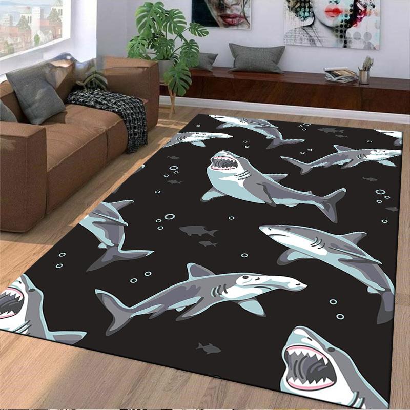 Shark Pattern Rug with Ocean Theme on Black Background Carpet Suitable for use as an anti-slip for living room bedroom sofas