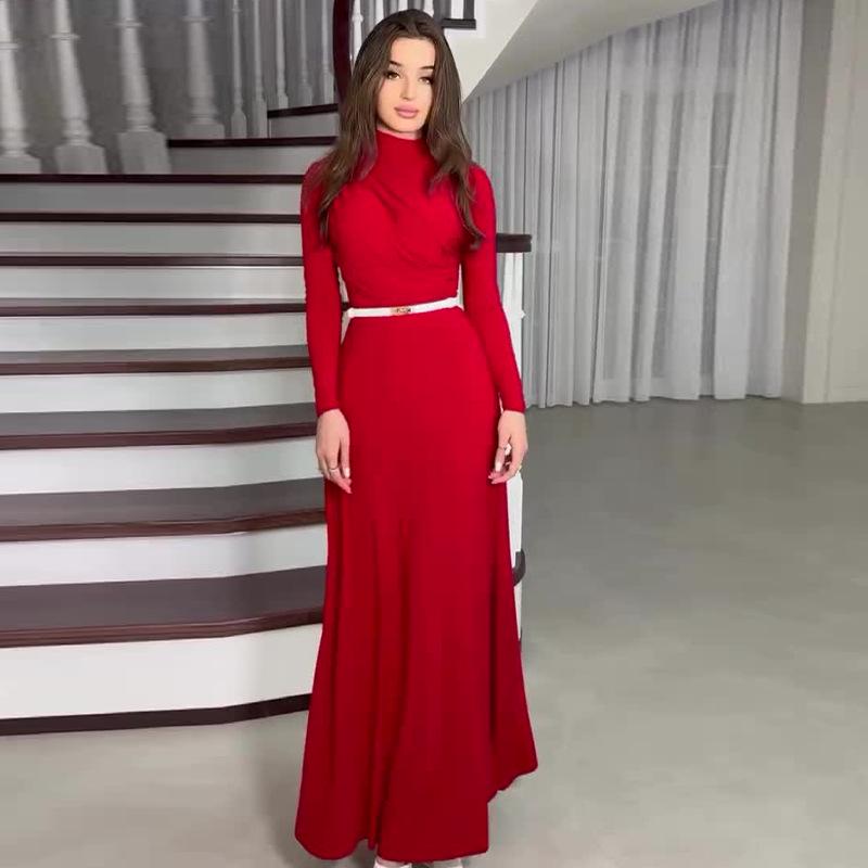 2024 Autumn Women's Solid Color Round Neck Pleated Waist-Hugging Long Dress