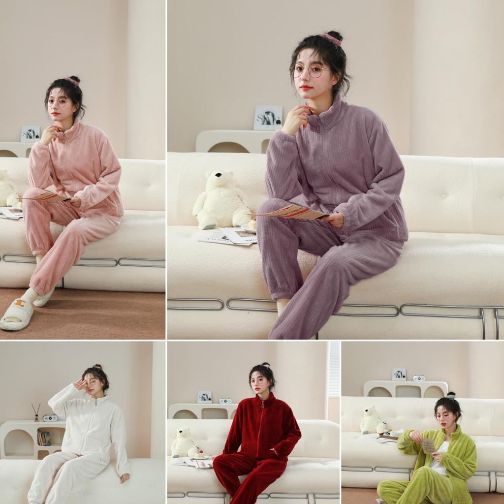 Tuten Fluffy Long Sleeve Sweatshirt Soft Flannel with Fleece Durable for Outdoor Activities Women's Pajamas, Set, Zippered, 2-Way Loungewear, Lining,