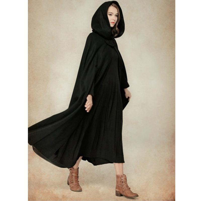 Women Long Sleeve Hooded Mediaeval Cloak Maxi Wool Coat