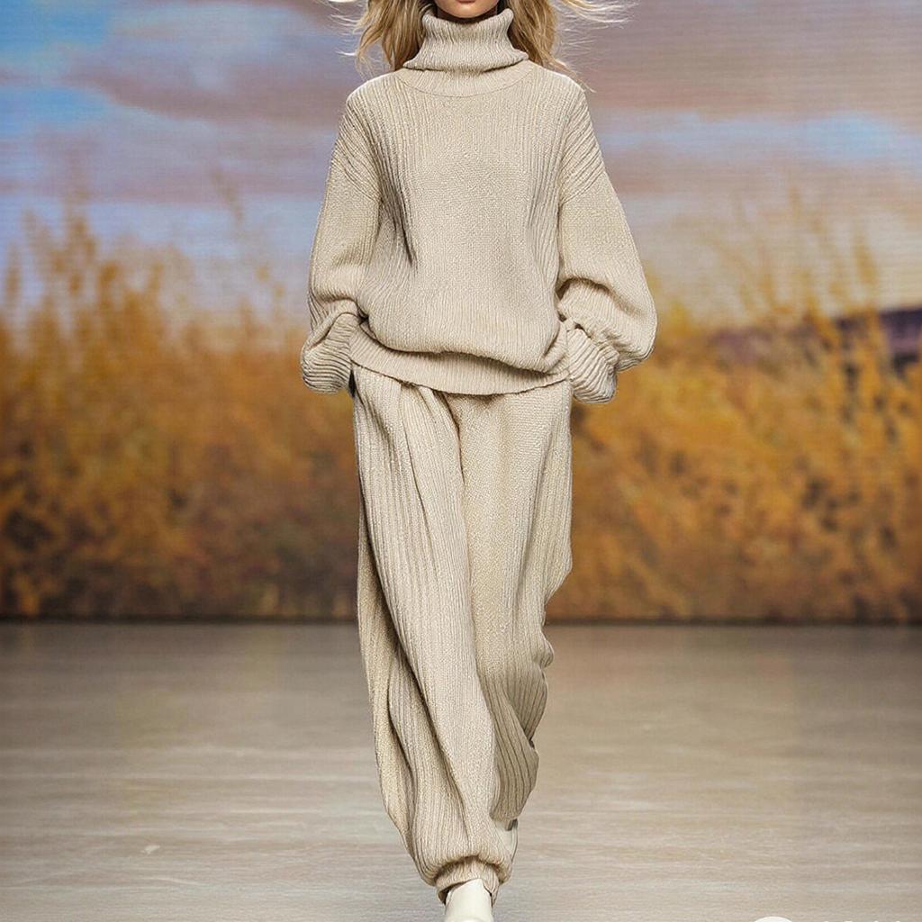 Женский модный повседневный вязаный комплект свободного кроя с высоким воротом и широкими брюками