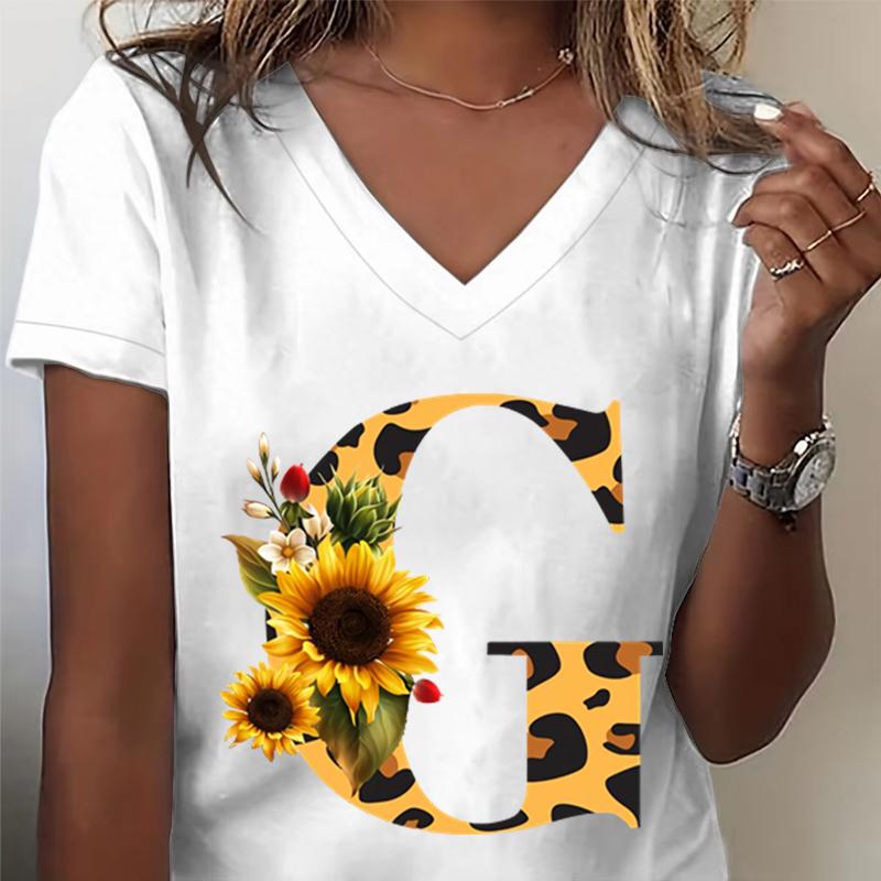 Unisexs Vneck Tshirt Sunflower Leopard Print Letter R Graphic Tee Watercolor Flower Leopard Print Tshirts Az 26 Alphabet Top