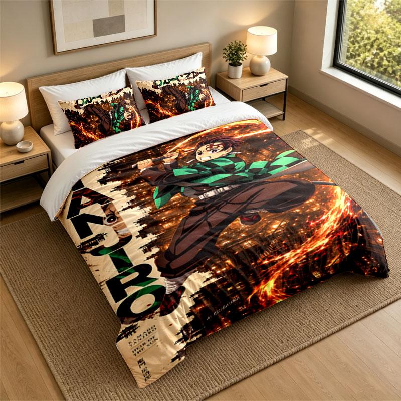 3Pcs Bedding SetDemon Slayer Soft Bed Sheet and Two Pillowcases Home Bedroom Decor