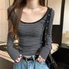 Весенняя сексуальная одежда для девушек: топ с большим вырезом, полосатый контрастный топ, женская нижняя рубашка, облегающая футболка с длинными рукавами, модный тренд.