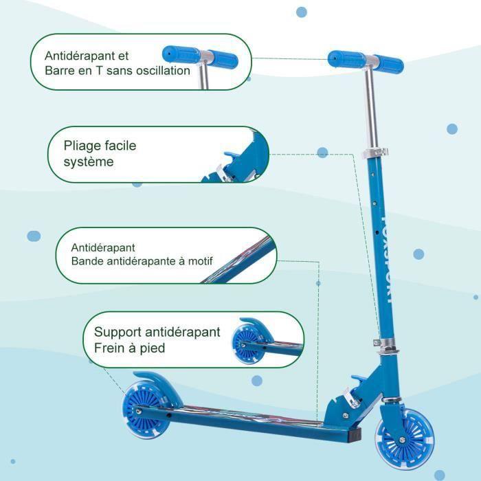 FOXSPORT Складной самокат для детей со светодиодными колесами, 3 регулируемые высоты руля, детский самокат с тормозом-синий