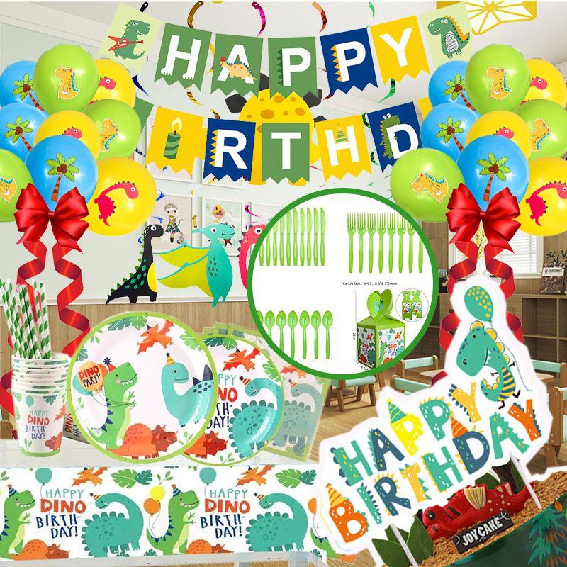 Dinosaur Cartoon Party Birthday Supplies Tableware Plates Cups Banner Tablecloth