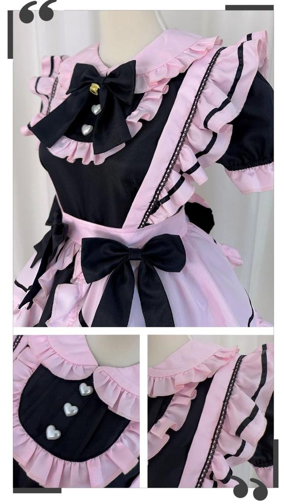Maid Gothic Waitress Cosplay Costume with Frilled Lolita Neat and Perfect for Cafes and Amusement Short Black and Pink Ear Size [Shangki