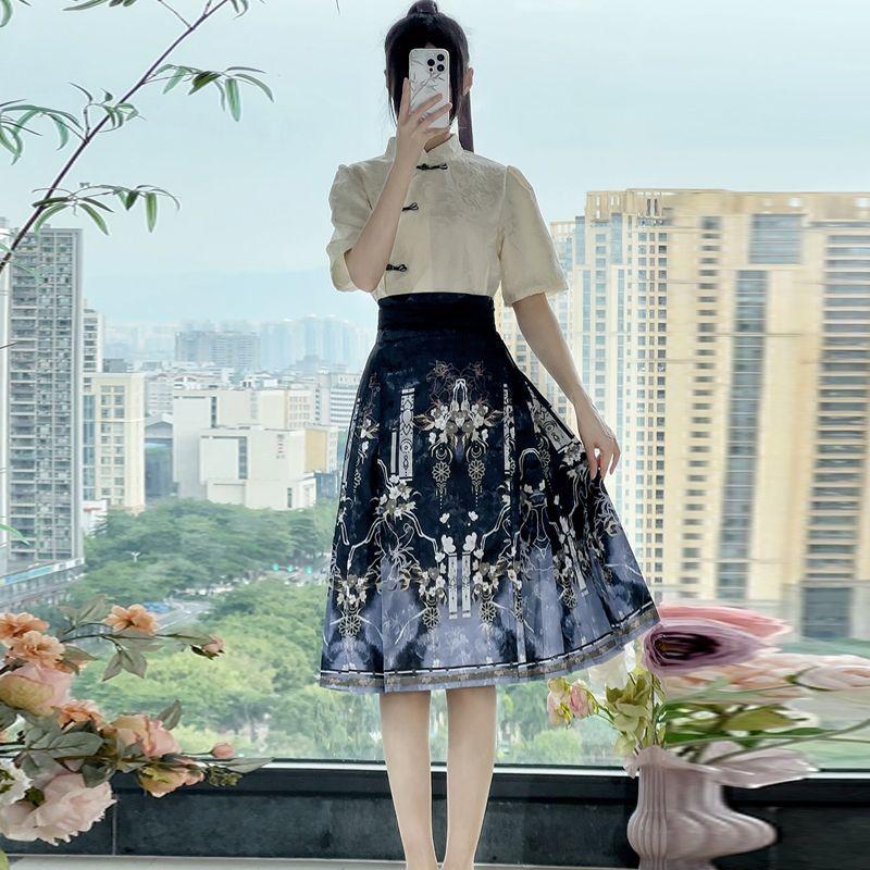 Китайские ханьфу для женщин, летние топы с короткими рукавами, короткие юбки с вытачками, повседневные костюмы