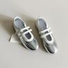 Sheepskin Silver Velcro Sports Mary Jane Shoes Versatile Round Head Casual Sneakers Women's Flat Ballet