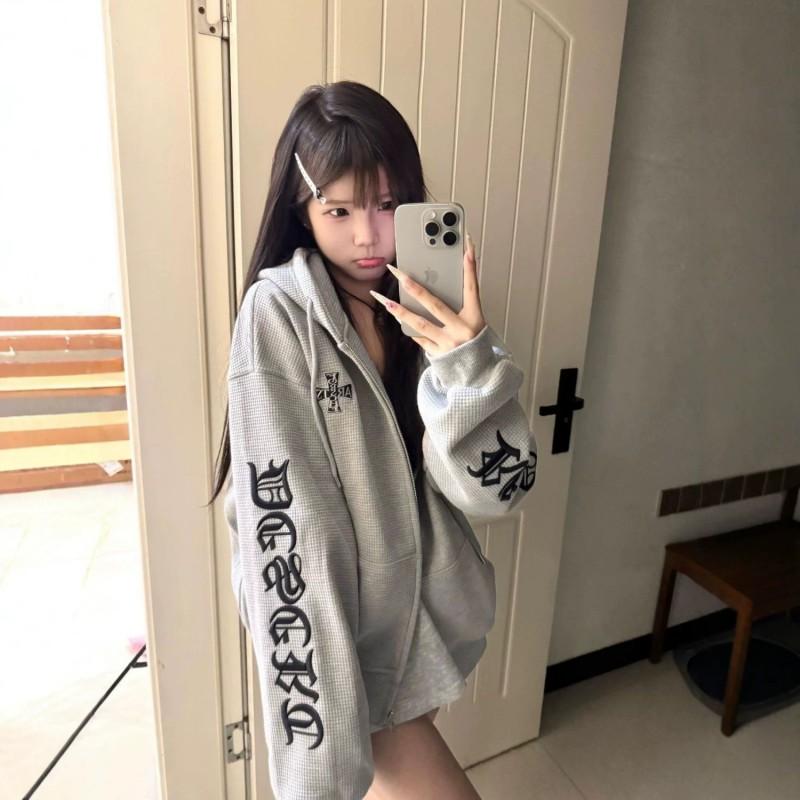 Womens Vintage Gothic Streetwear Zip Hoodie Loose Fit Embroidered Sweatshirt Fall 2026