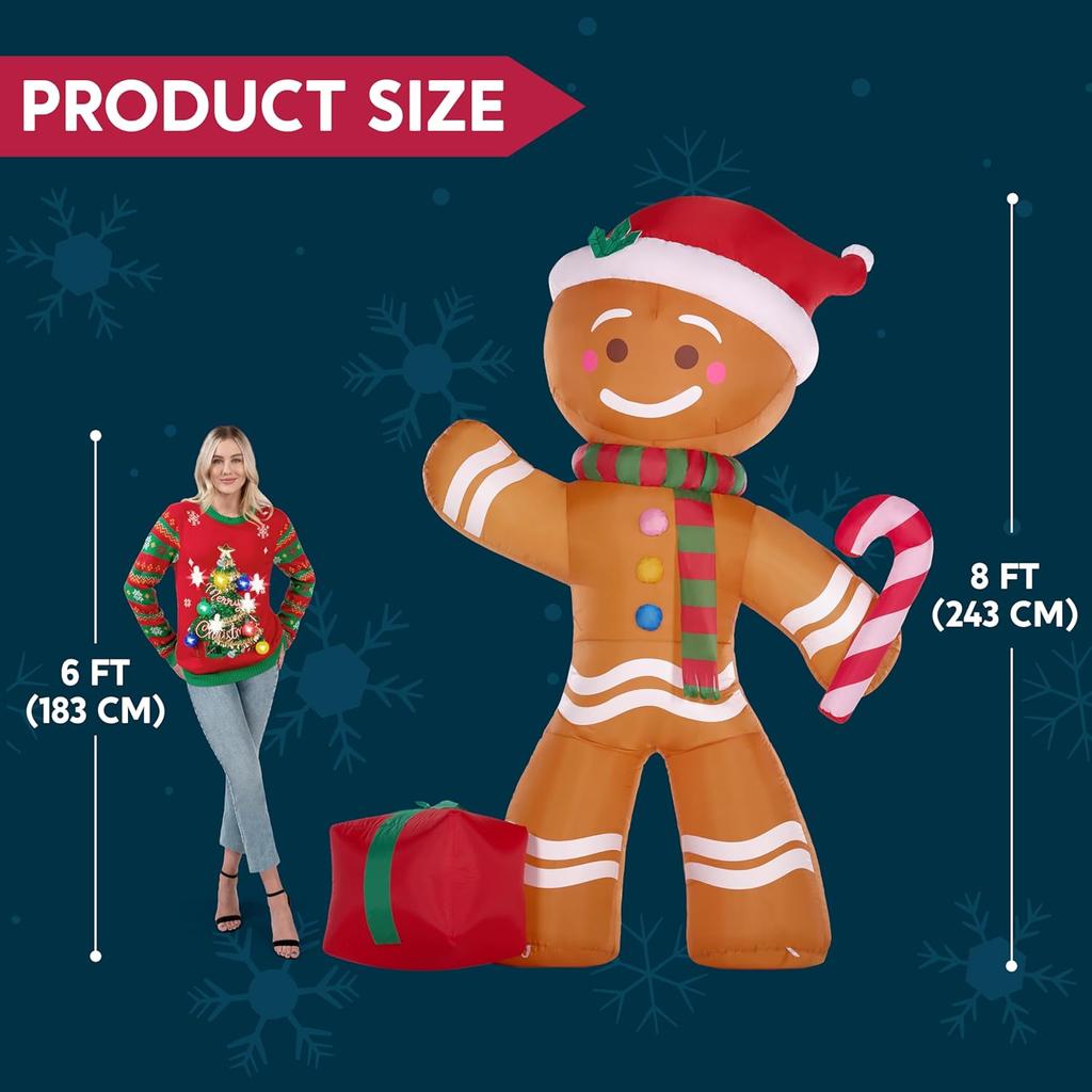 8 FT Xmas Inflatable Gingerbread Man featuring Candy Cane featuring Build-in LEDs designed for Xams Celebration Outdoor Dcor