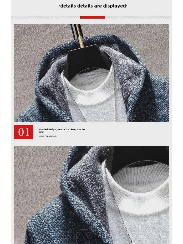 Мужской толстый плюшевый свитер-кардиган с капюшоном и воротником-стойкой на осень/зиму