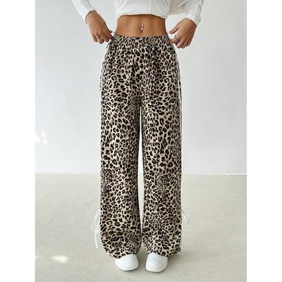 Уличный стиль, прямые повседневные брюки для женщин, универсальные брюки с леопардовым принтом, длинные брюки с широкими штанинами