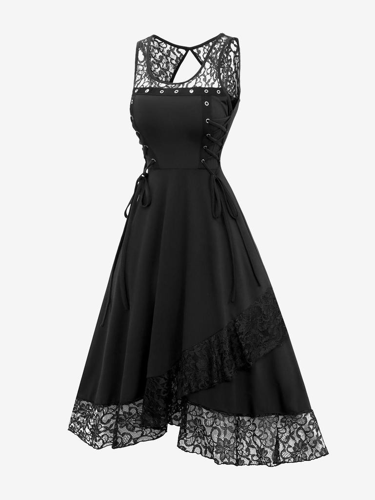 Rosegal Готическое кружевное платье с цветочным принтом в стиле пэчворк на шнуровке с вырезами на спине и оборками на спине Платье трапециевидной формы