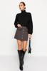 Women's Fashion New Skirt Brown Tweed Fabric Pocket and Button Detailed Plaid Patterned Mini Woven Skirt