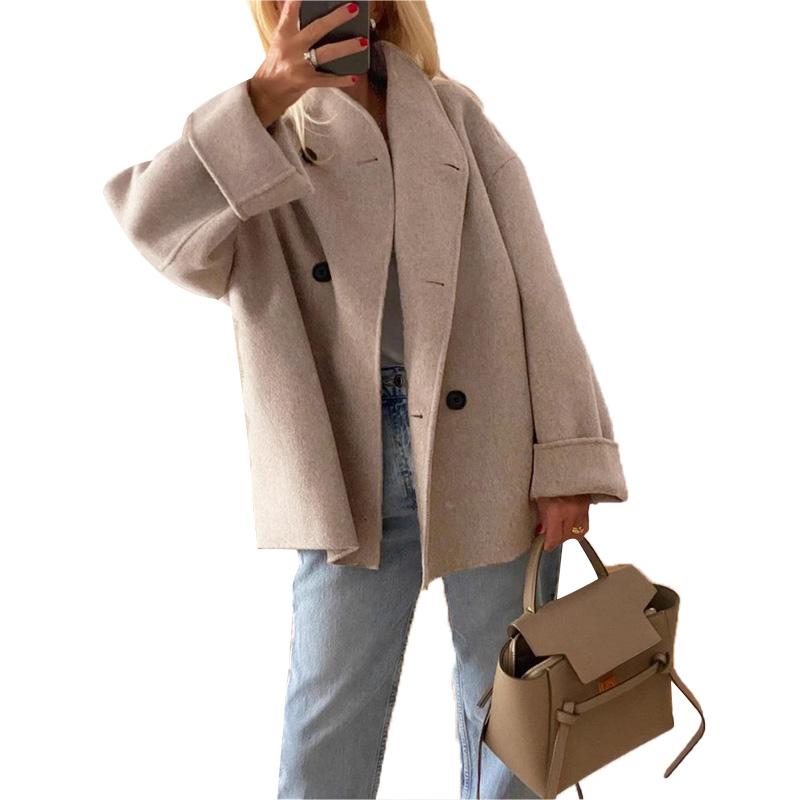Женское винтажное элегантное теплое шерстяное пальто осень-зима повседневное двубортное однотонное пальто шикарный воротник-стойка верхнее пальто для поездок на работу