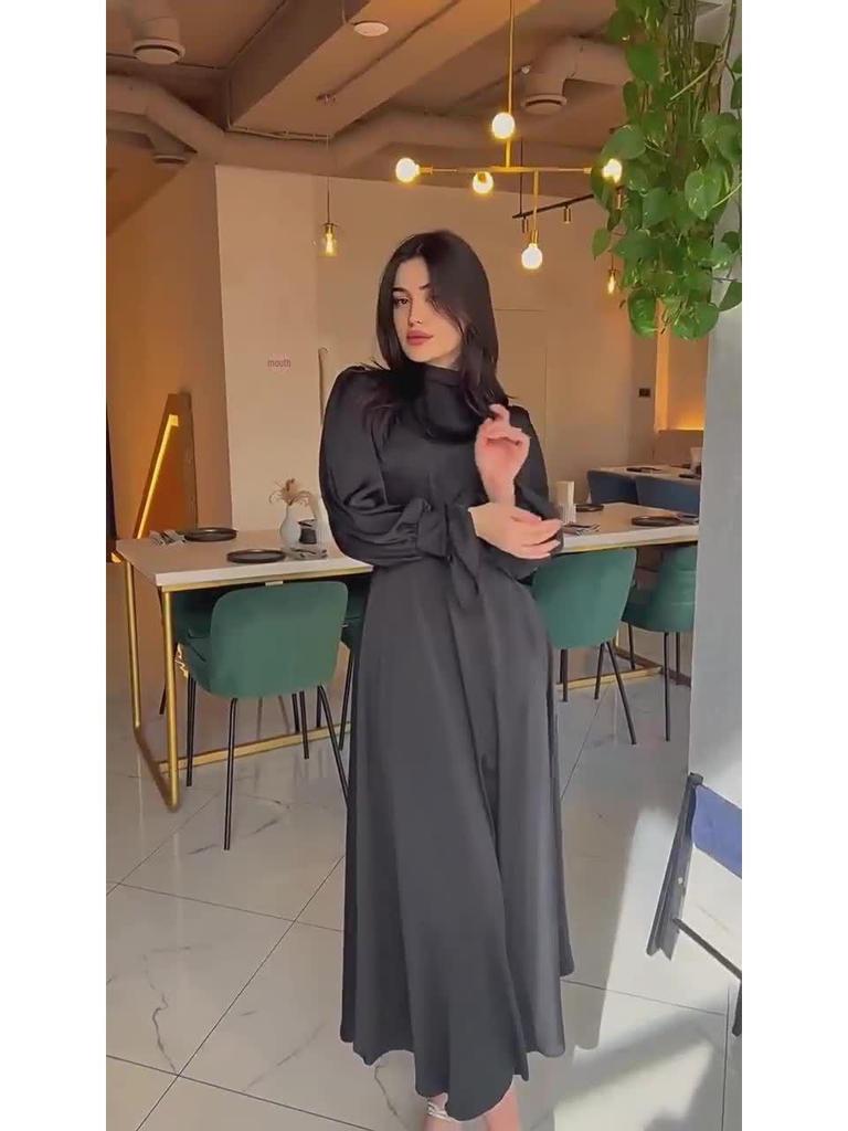 2025 Весна Атласное Элегантное Женское Платье с Длинными Рукавами и Талией