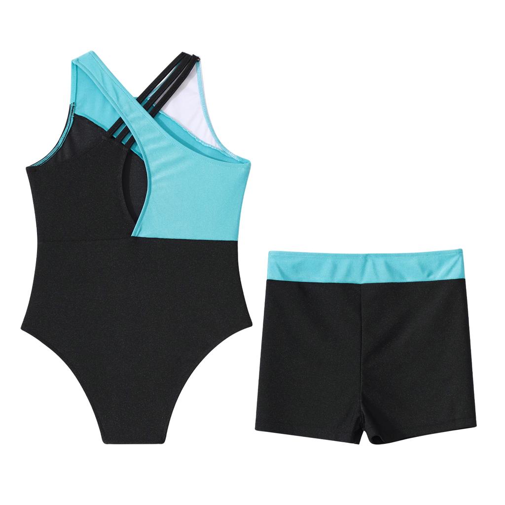 Комплект танцевальной одежды для девочек, без рукавов, с круглым вырезом, украшенный блестящими стразами, контрастного цвета, леотард и шорты