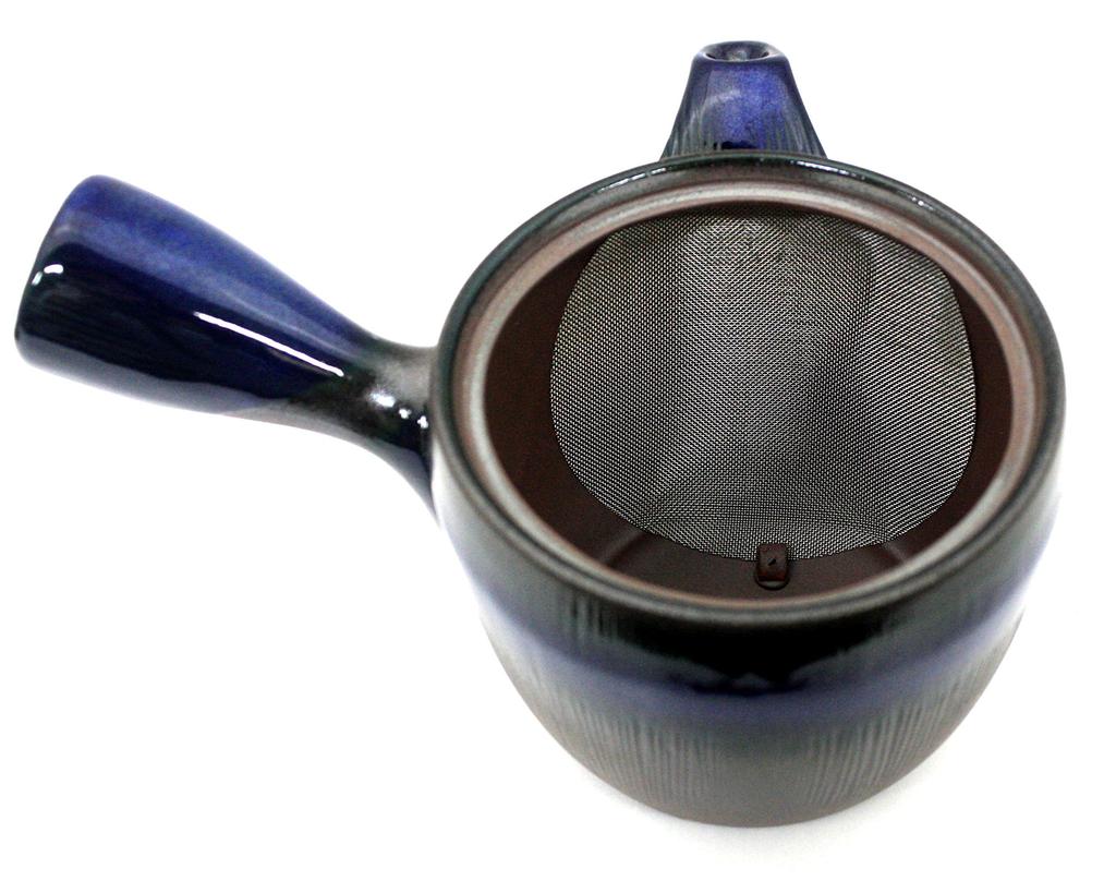 Хисамура Тоуки (Хисамуратоуки) Синий чайник, 370 мл, Керамика Банко, Круглый чайник с сеткой, дизайн «Тысяча полос и морской огурец», 7464