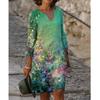 Summer Floral Printed Loose Washed Cotton Dress Women's Plus Size V Neck Half Sleeve Midi Dresses