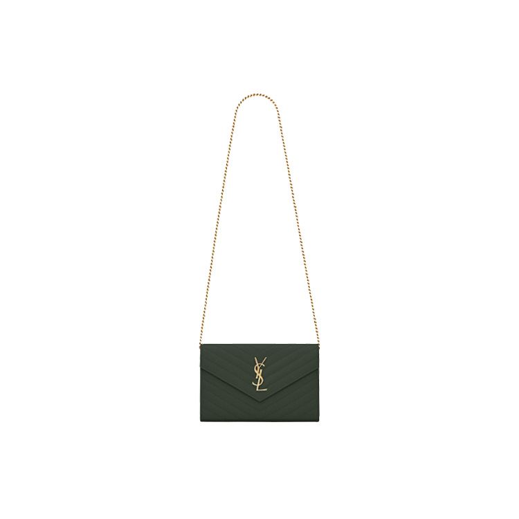 Saint Laurent Сумка-кошелек YSL Monogram с золотым логотипом, стеганая, с застежкой-кнопкой, из кожи, на цепочке, через плечо, женская, темно-зеленая, 377828BOW013051