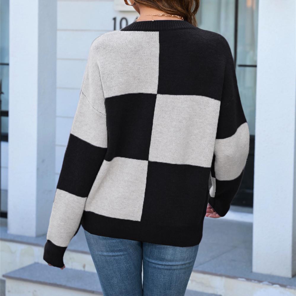 GMXIA Женская мода, повседневный клетчатый принт, осень-зима, свободные свитера с длинным рукавом и круглым вырезом