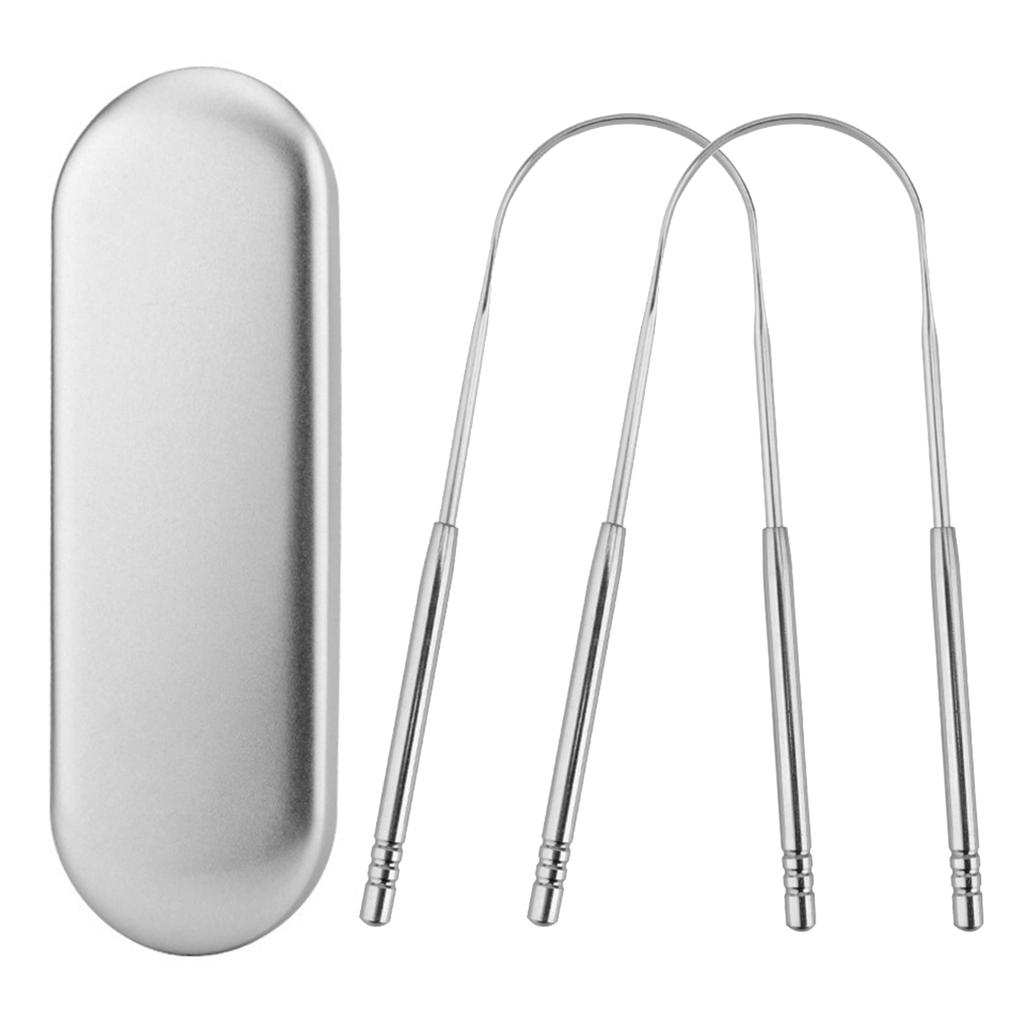 2PCS Stainless Steel Tongue Scraper Oral Tongue Cleaner with Metal Storage Box Mouth Tongue