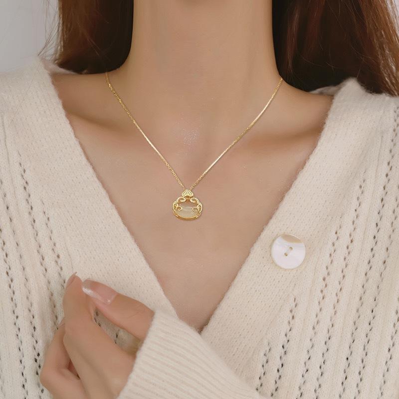 925 Sterling Silver Ruyi Lock Necklace , Chinese Trend White Chalcedony Pendant for Women Daily Office