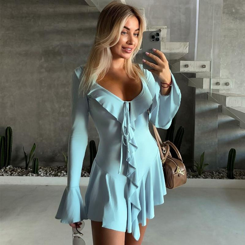 Женское платье с длинным рукавом и оборками, летнее облегающее мини-платье с высокой талией и V-образным вырезом, модное белое платье с открытой спиной и шнуровкой, одежда для отпуска