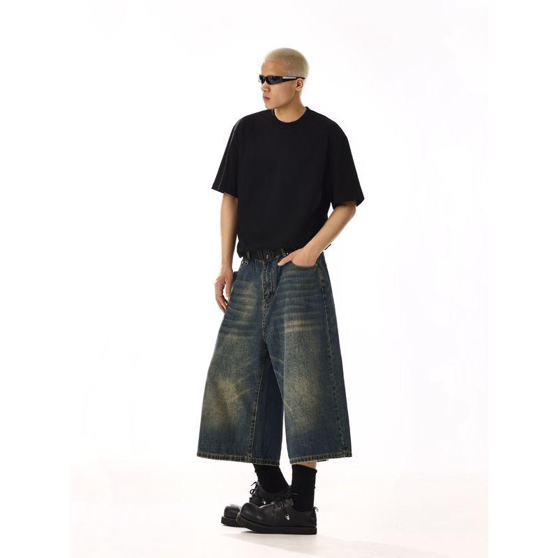 American Retro Denim Cropped Pants Male and Female Trendy Brand Washed Fancy Loose Easiest for Match Casual Wide-Leg Denim Shorts Denim Shorts