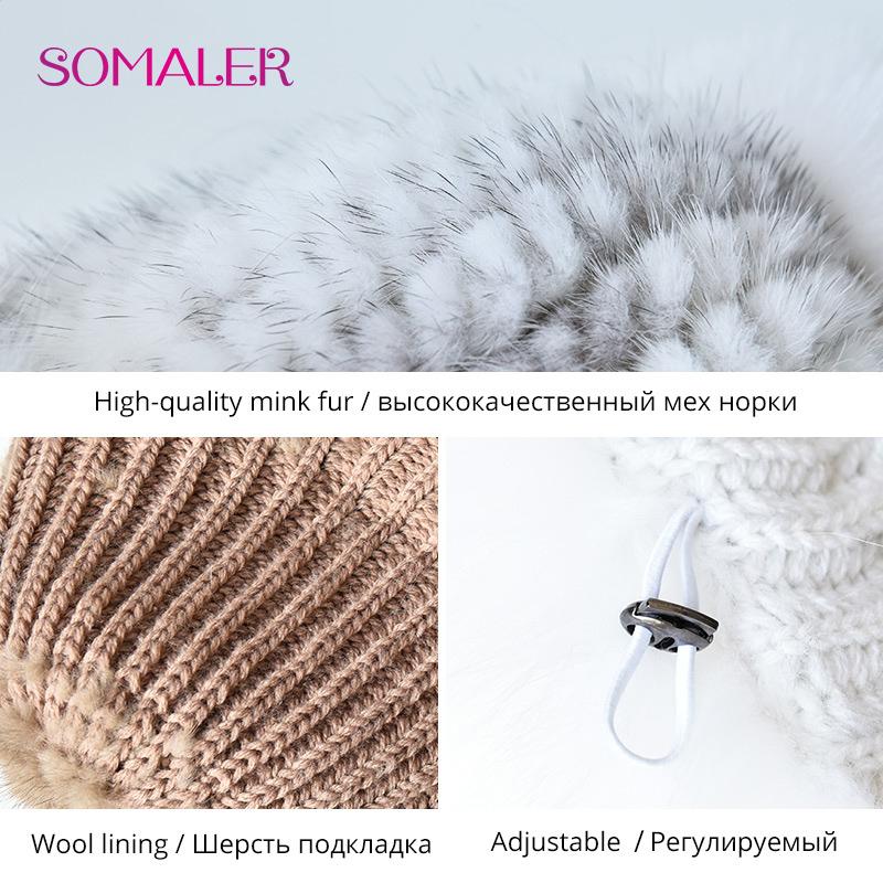 SOMALER Natural Mink Fur Hats for Women Winter Fox Fur Caps with Pompom Fashion Style Beanie for Ladies