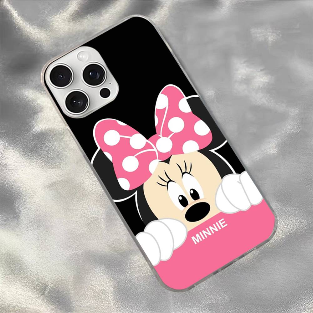 M-Minnie M-Mickey Silver Gradient Pleated Water Ripple Phone Case for IPhone 17 16 15 14 13 12 11 Pro Max