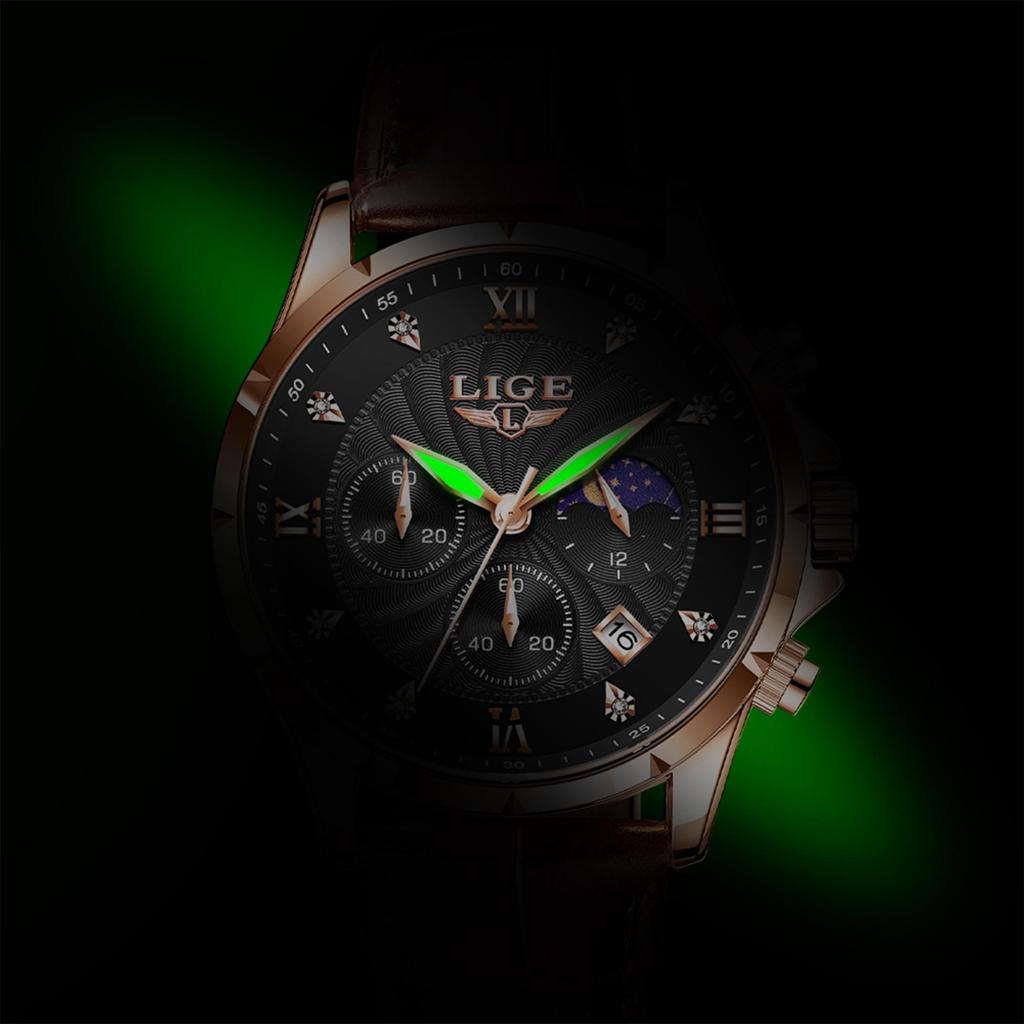 LIGE Men Watch Fashion Casual Luminous Waterproof Chronograph Leather Strap Quartz Watch