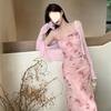 Super Immortal Butterfly Printed Swinging Neck Suspender Dress Female Summer Slim Pure Desire Tea Break Waist Little Mom Hip Wrap Skirt