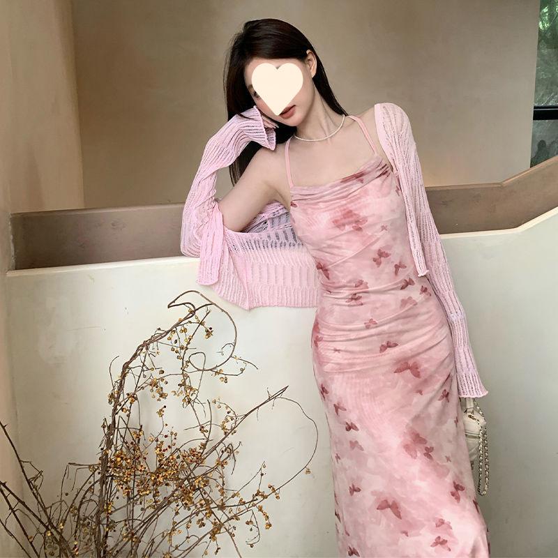 Super Immortal Butterfly Printed Swinging Neck Suspender Dress Female Summer Slim Pure Desire Tea Break Waist Little Mom Hip Wrap Skirt