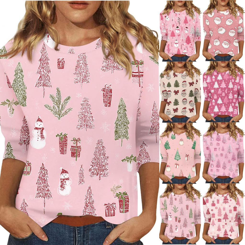 Women's O-Neck 3/4 Sleeve Christmas Print Top