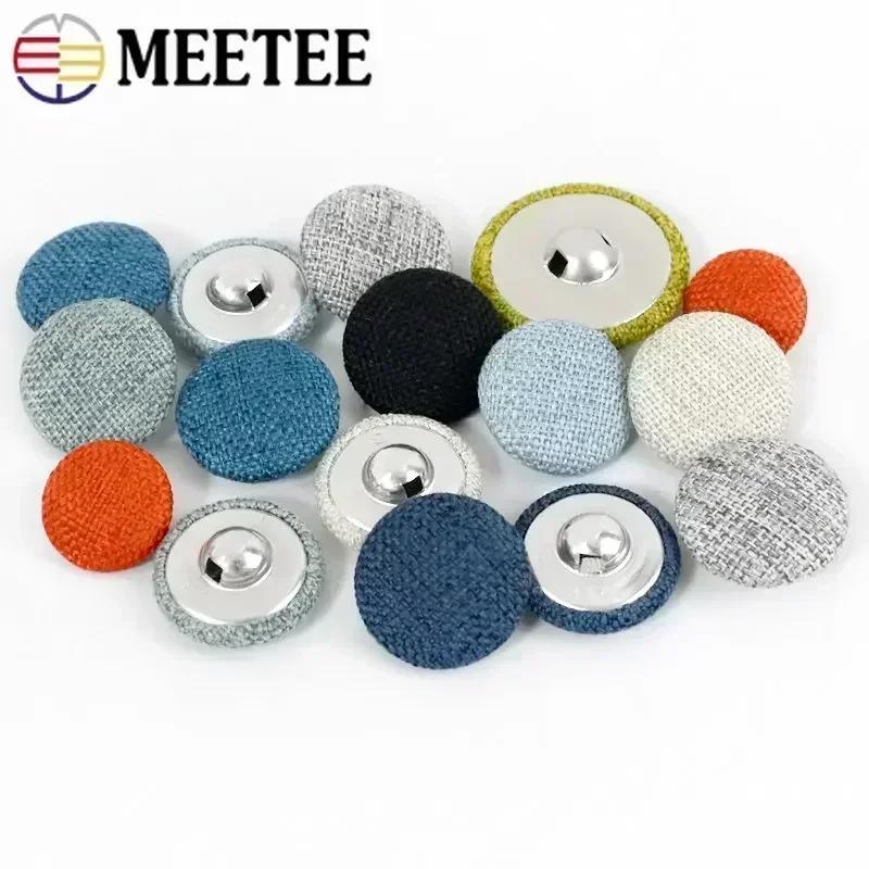 30 шт. Meetee 15-30 мм Разноцветные пуговицы, обтянутые тканью, круглые металлические пуговицы на ножке из льняной ткани, аксессуары для шитья одежды и дома своими руками