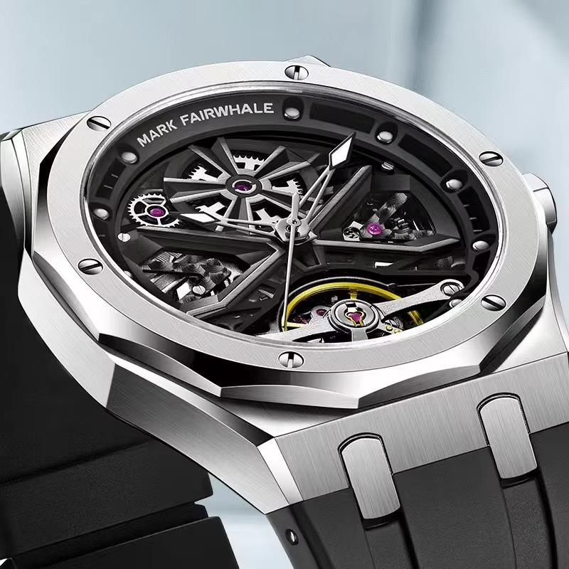 Mark Fairwhal Fashion Tourbillon Watch Men's Silicone Strap Luxury Hollow Luminous Fully Automatic Mechanical Watches reloj