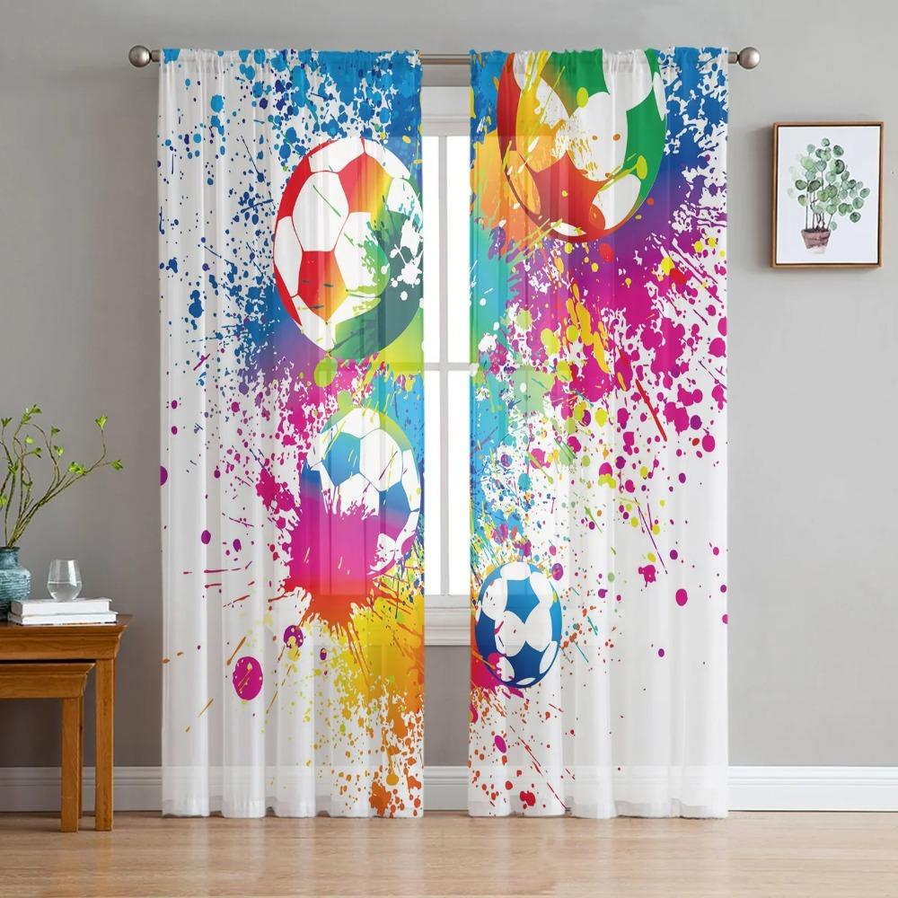 Colorful Football Paint Art Soccer Tulle Sheer Drapes ideal for Living Room Decor Window Opening Drape ideal for Bedroom Voile Organza Curtains