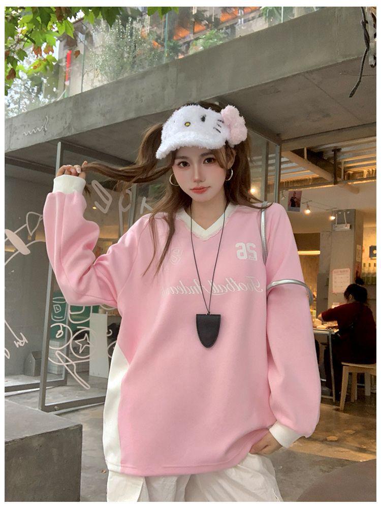 Women's Cotton Lace Trim Color Block V-Neck Sweatshirt – American College Style