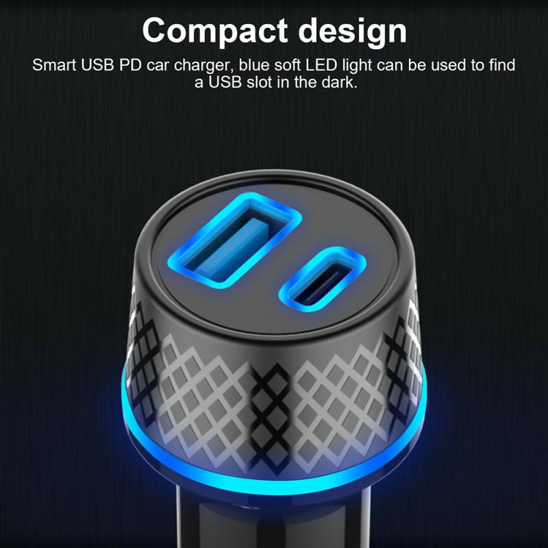 Автомобильное зарядное устройство USB Qc3.0 Двухканальное Адаптер Ультрабыстрой Зарядки Pd20w С Синим Мягким Светодиодным Индикатором Для