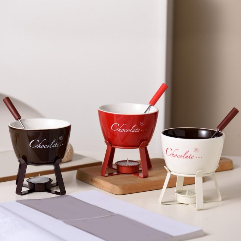 Fondue Pots Set with Fork for Chocolate,Cheese,Candy,Appetizer Tealight Porcelain Melting Pots Ceramic Butter Warmers Set
